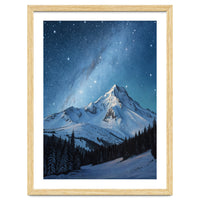 Majestic Snow-Capped Mountain Peak Under a Brilliant Starry Night Sky