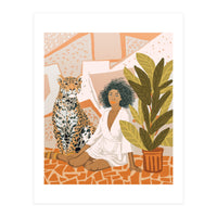 House Guest | Modern Bohemian Black Woman | Urban Jungle Decor | Wild Cat Leopard Pet | Plant Lady (Print Only)