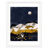 Midnight Lake, Stork Wildlife Animals Abstract Painting, Nature Landscape Travel Adventure Full Moon Night, Eclectic Gold Birds Magical Bohemian thumbnail