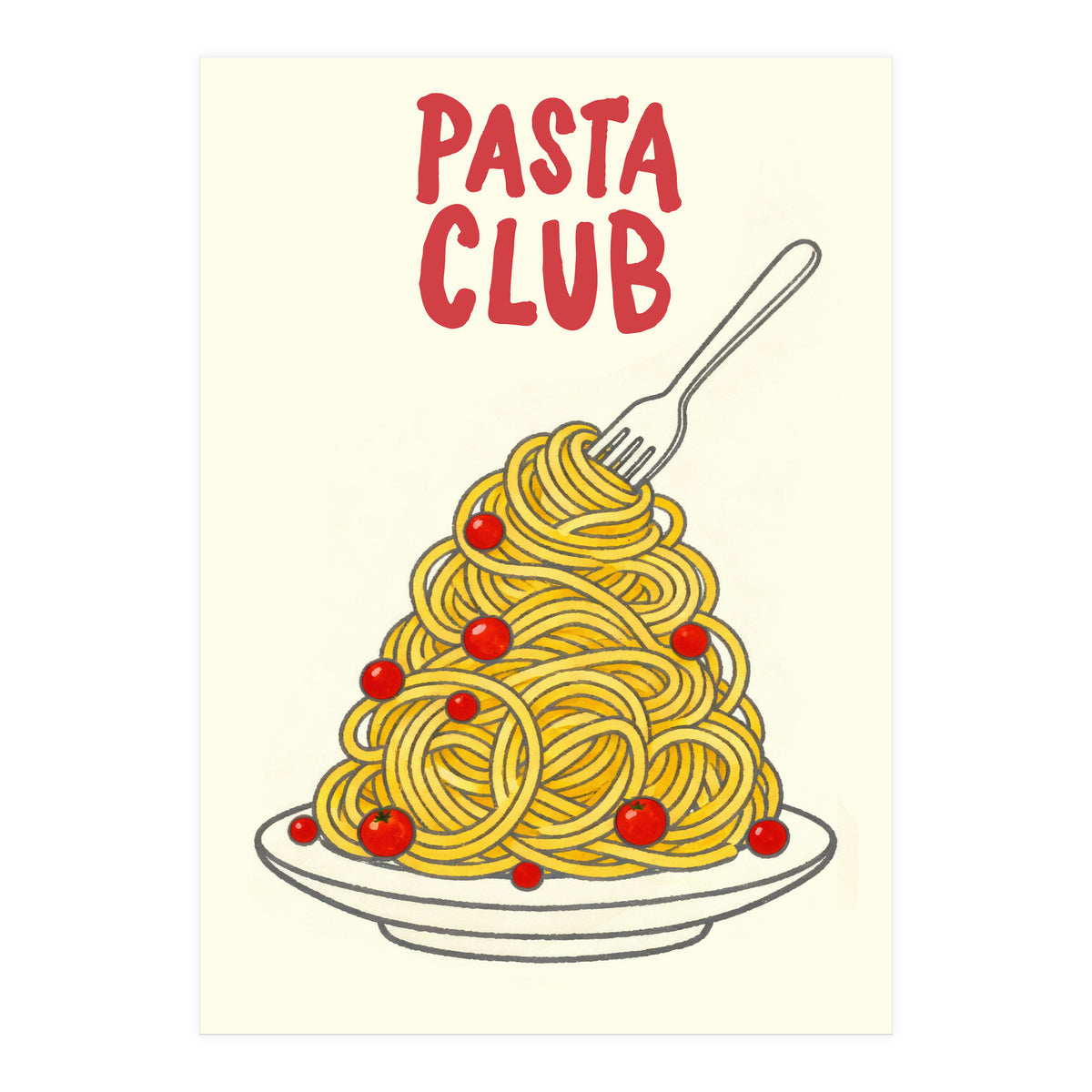Pasta Club Illustration, Spaghetti and Tomatoes Art Print for Kitchen Wall Decor (Print Only)