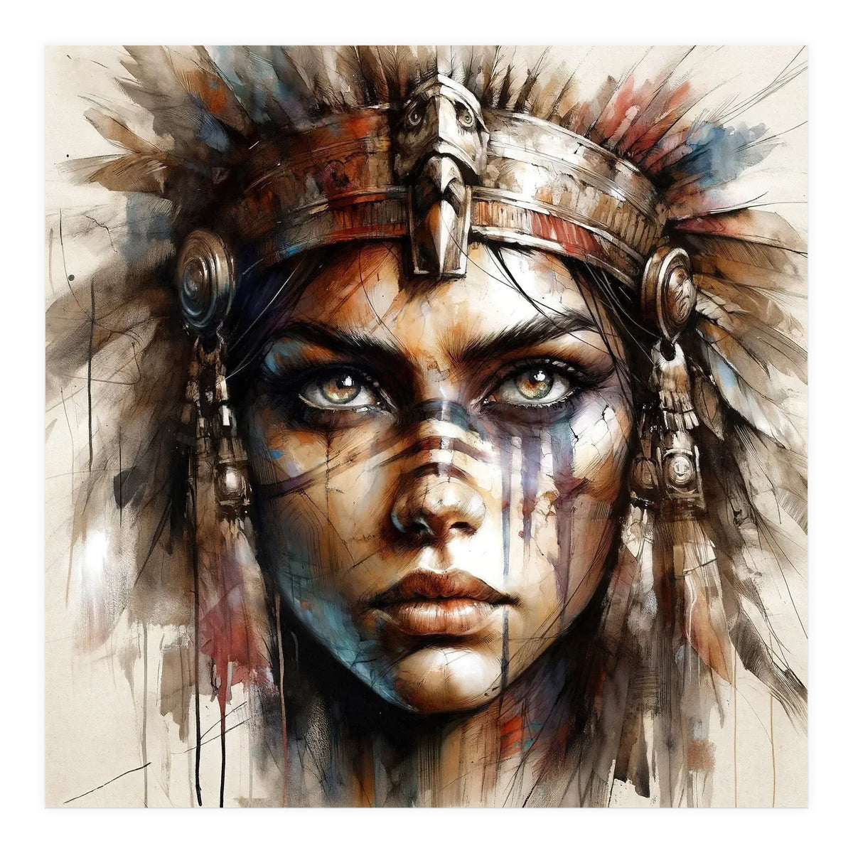 Regal Warrior Woman Watercolor Portrait (Print Only)