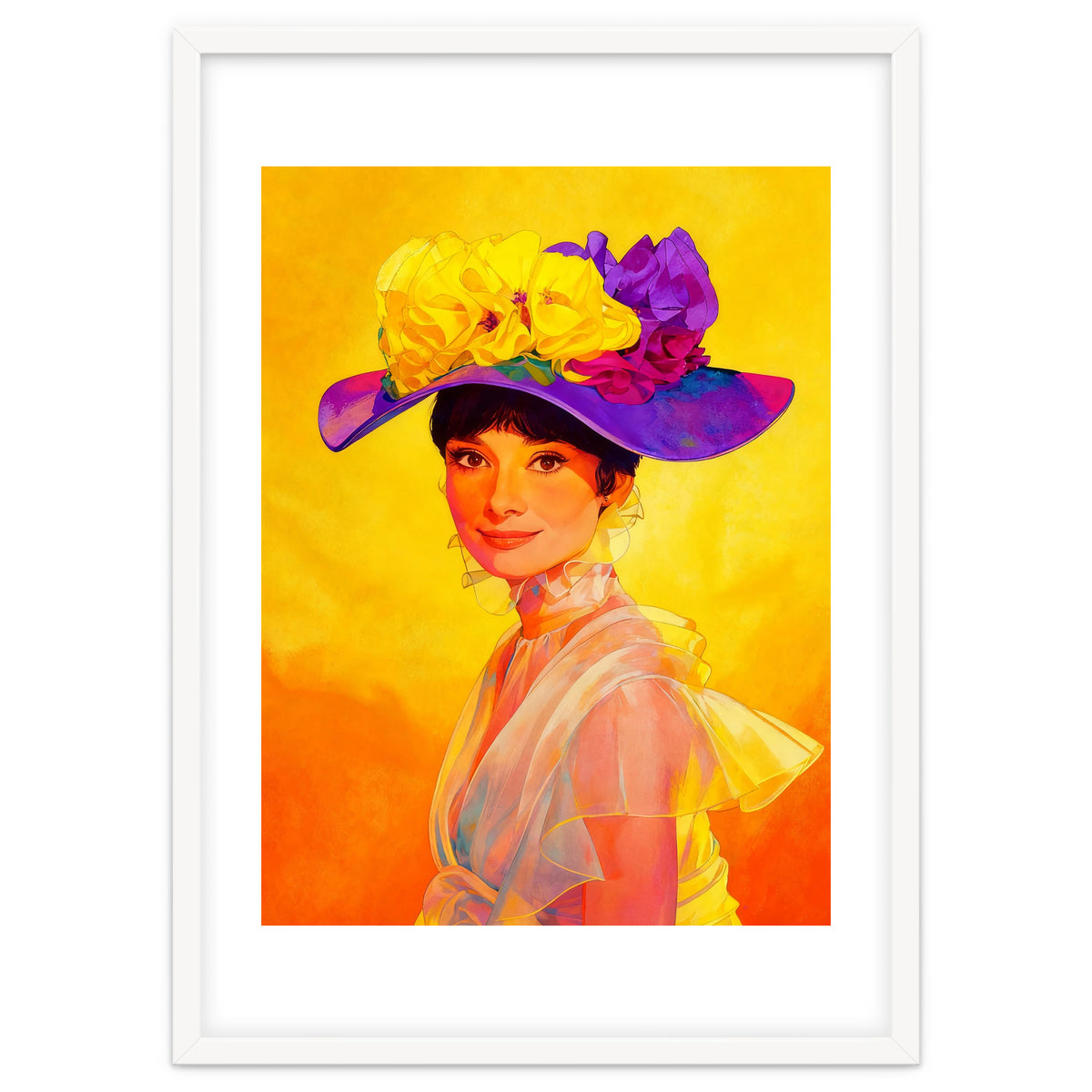 Audrey Hepburn Pop Art, Vibrant Floral Hat Portrait, Iconic Movie Star Illustration