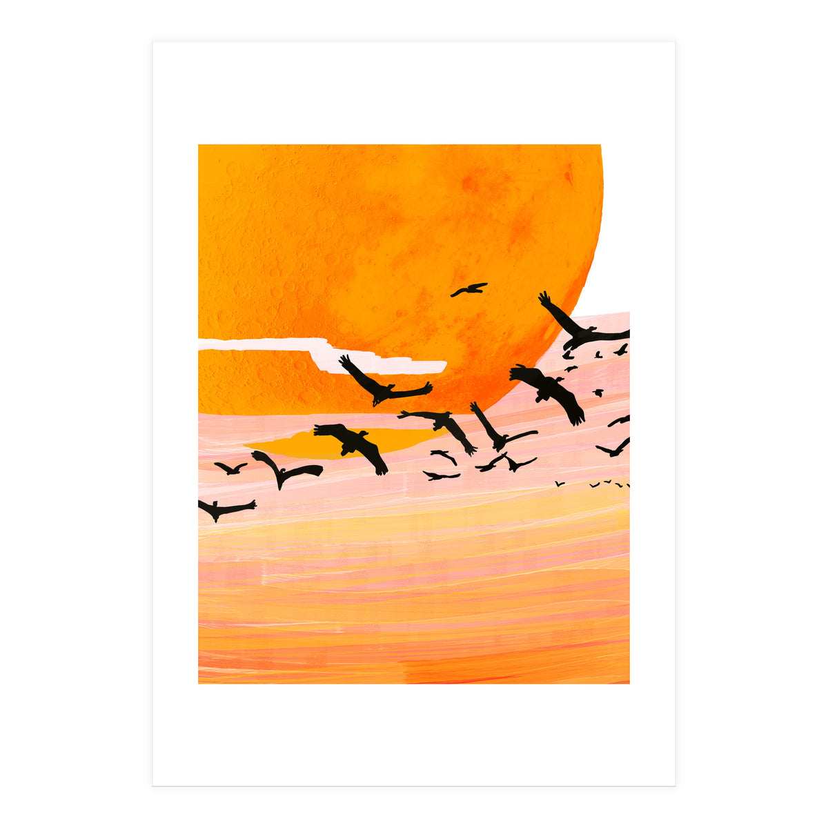 Time Flies, Birds Wildlife Fly Freedom Nature, Sun Sunset Sunrise Positivity Hope Painting, Growth Migrate Gift Animals Blush Sky Bohemian (Print Only)