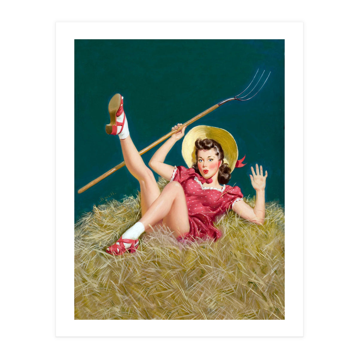 Pinup Sexy Girl Posing On A Hay With A Pitchfork (Print Only)