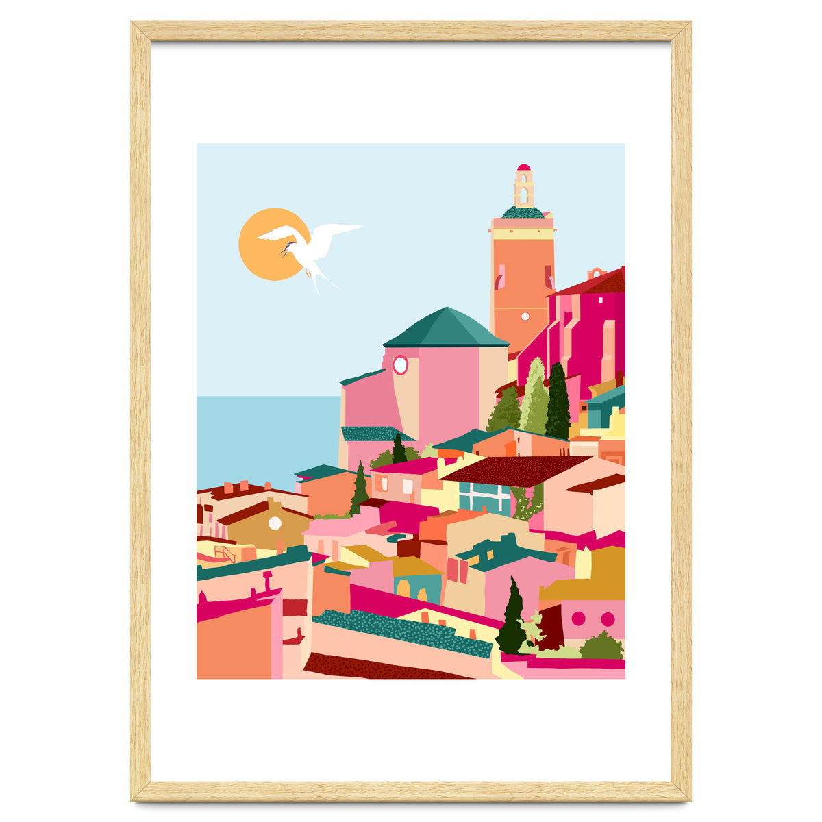 Crimson Rouge, Colorful Architecture Buildings, Greece Cityscape Skyline, Seagull Travel Summer Eclectic Bohemian Pop Of Color Positivity