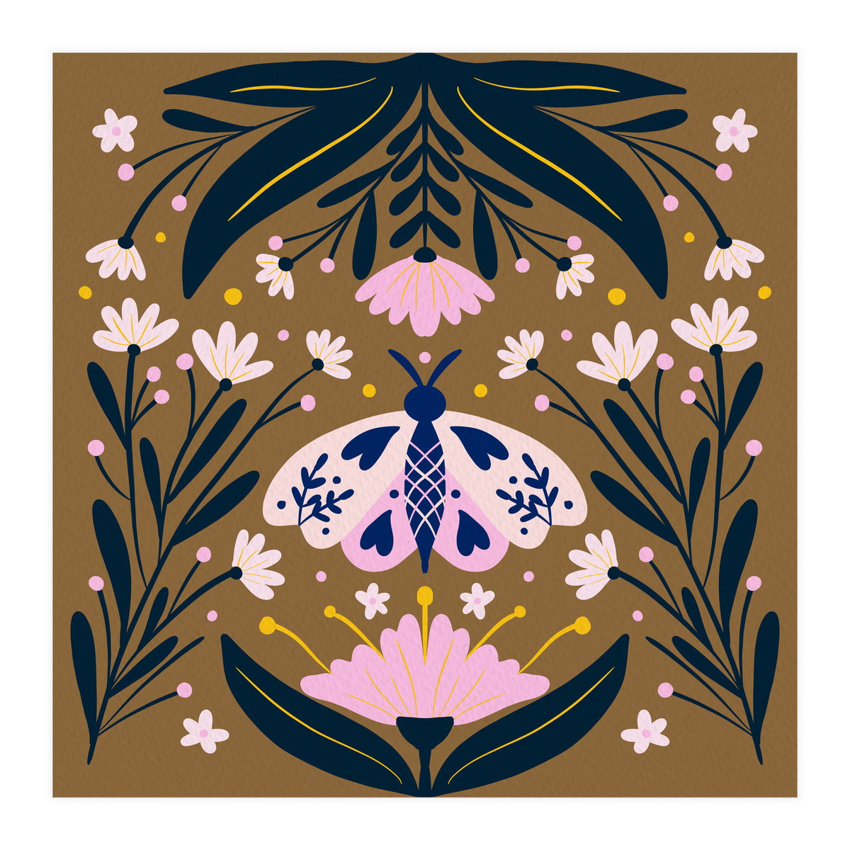 Pink Moth with Flowers on a brown background (Print Only)