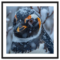Penguin In Snow Falling Close Up Portrait