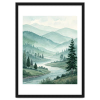 Serene Misty Mountain Valley Watercolor Painting