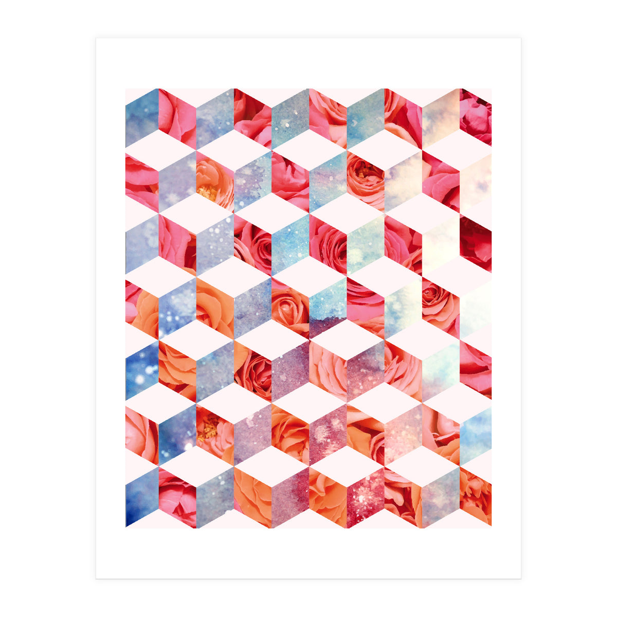 Eve's Sweet Garden of Roses, Geometrical Eclectic Shapes Digital Collage, Surrealism Floral illusion (Print Only)