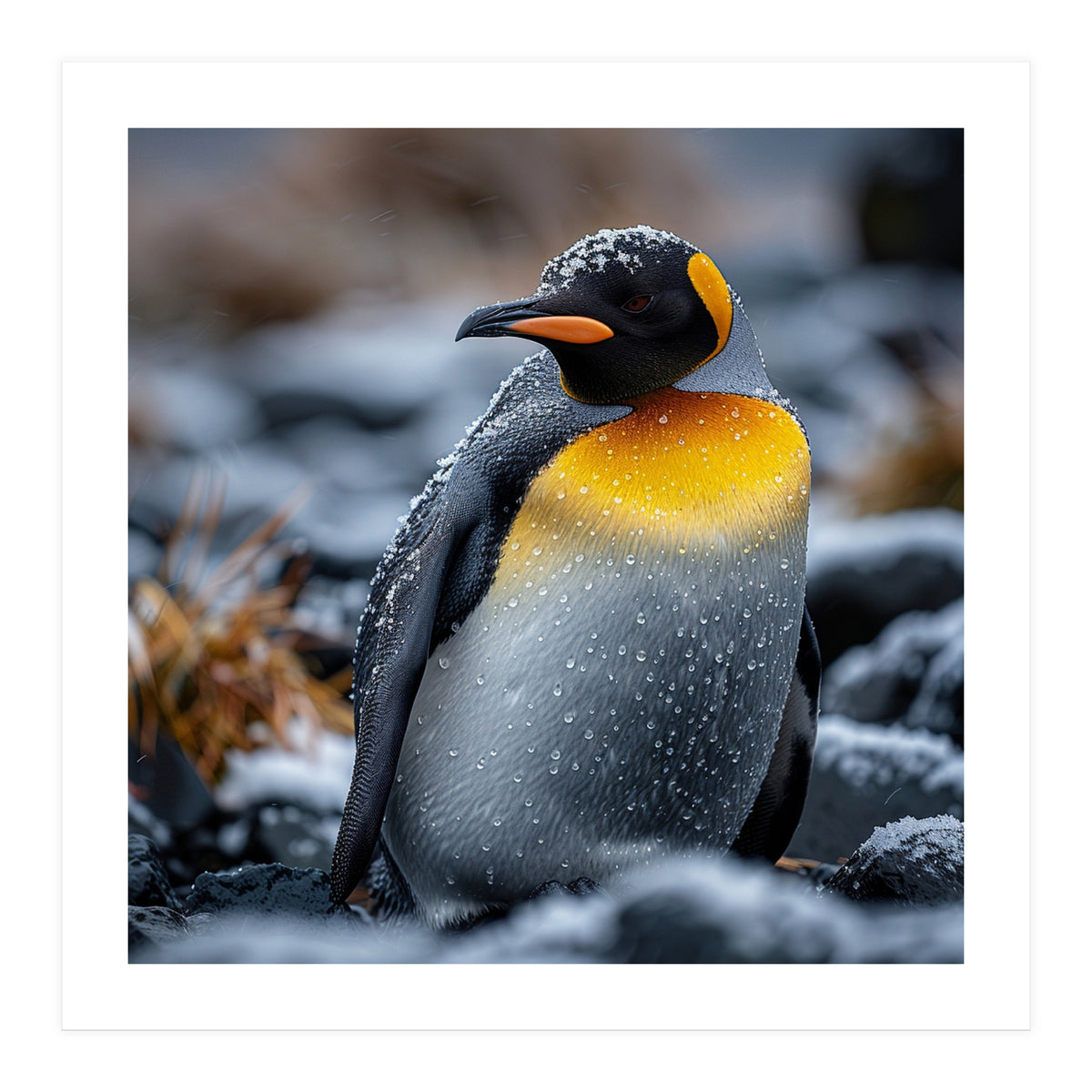 King Penguin In Snow With Water Droplets (Print Only)