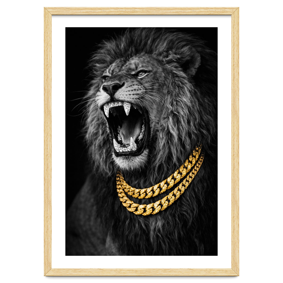 Bejweled hyper-realistic lion photography,diamond fangs portrait