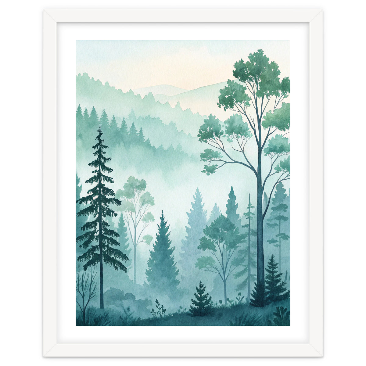 Ethereal Misty Pine Forest Watercolor Art