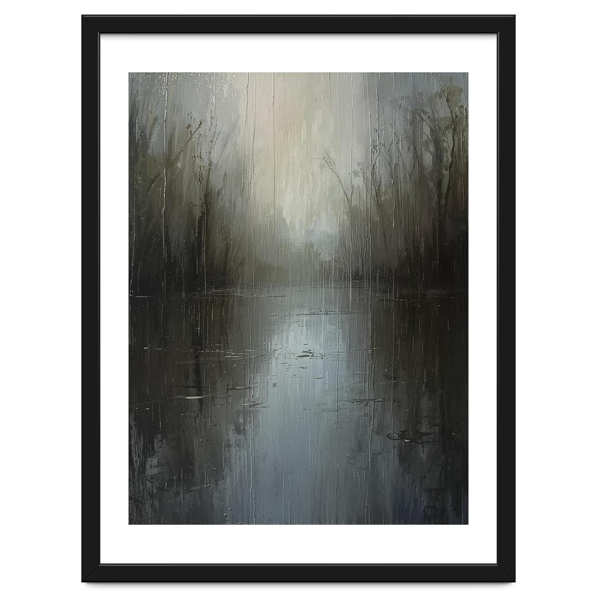 Ethereal Rainy Lake Forest Oil Painting