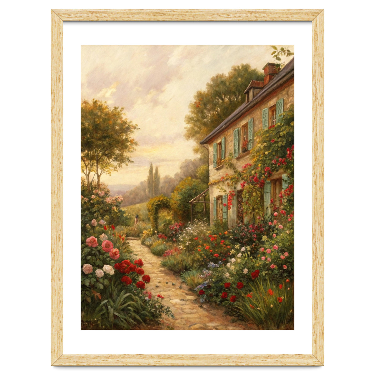 Idyllic Sunlit Cottage Garden Oil Painting