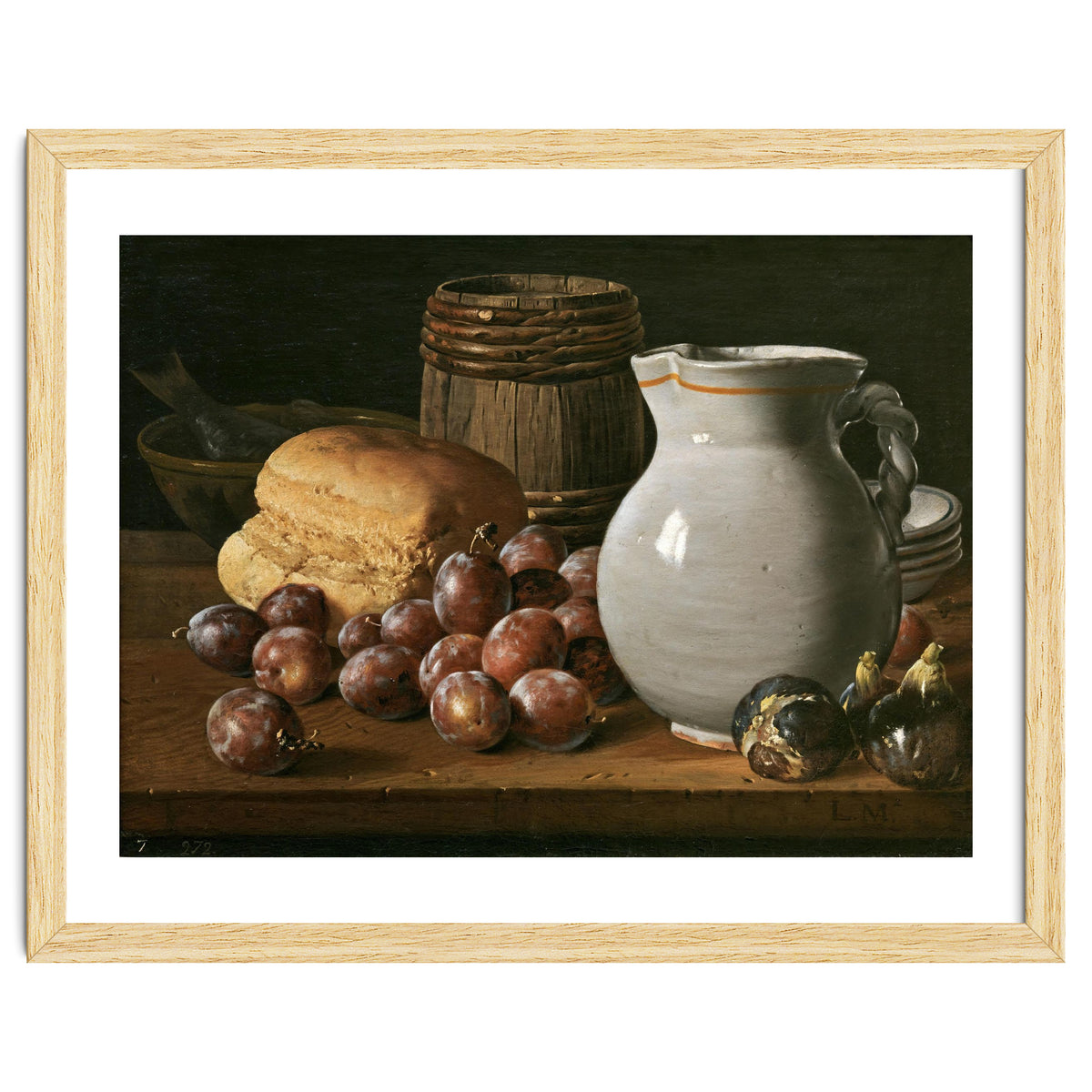 Luis Egidio Meléndez / 'Still Life with Plums, Figs, Bread and Fish', 18th century, Spanish School.