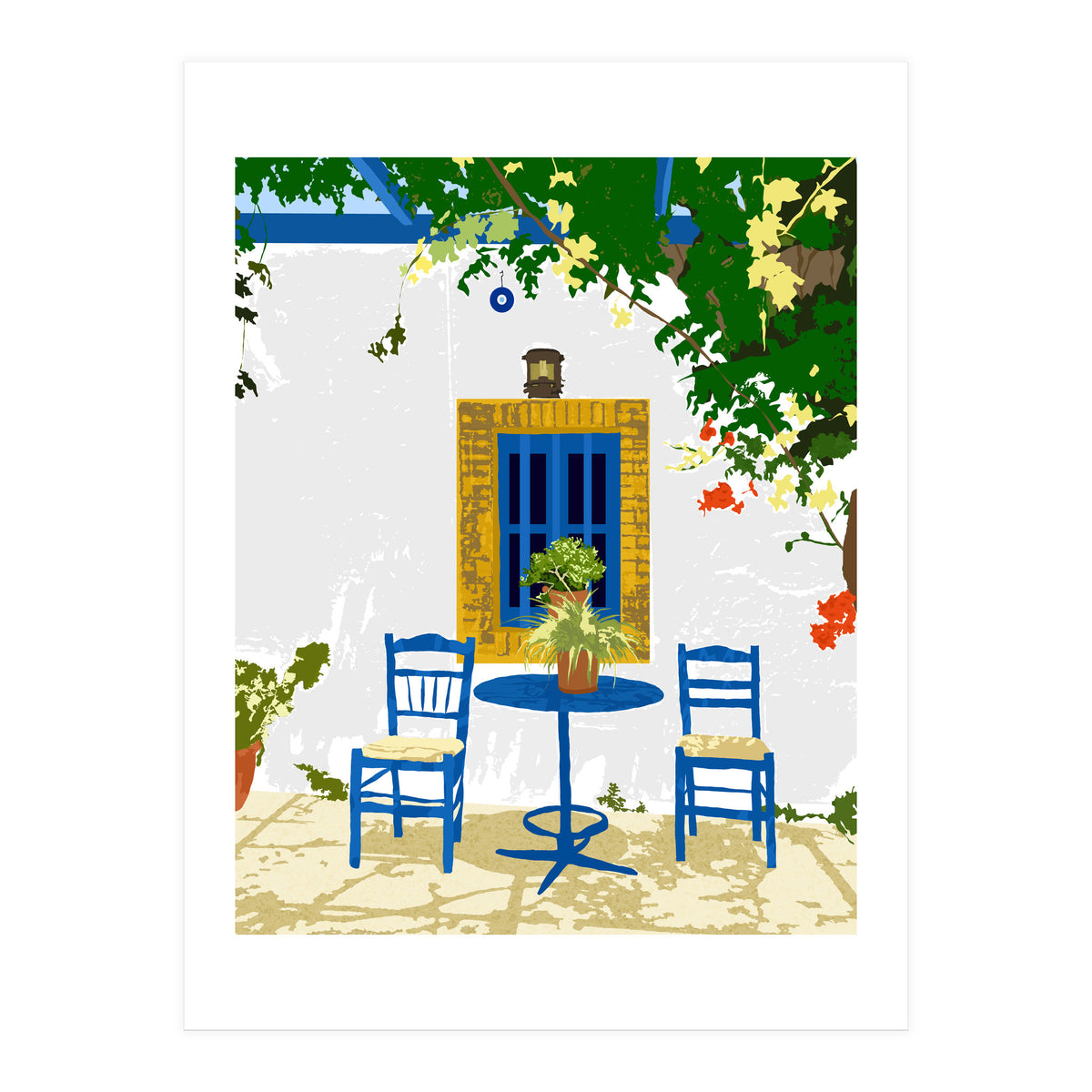 Greek Vacay For Two, Evil Eye Santorini Travel Summer, Eclectic Travel Architecture White Buildings Cafe (Print Only)
