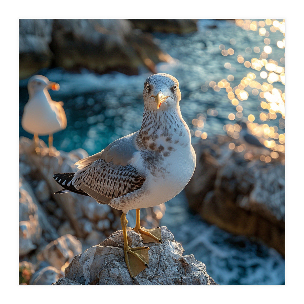 Seagull Standing On Rocks Near Water (Print Only)