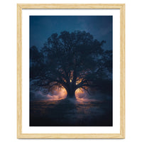 Ancient Mystical Oak Silhouette at Twilight with Ethereal Wisps