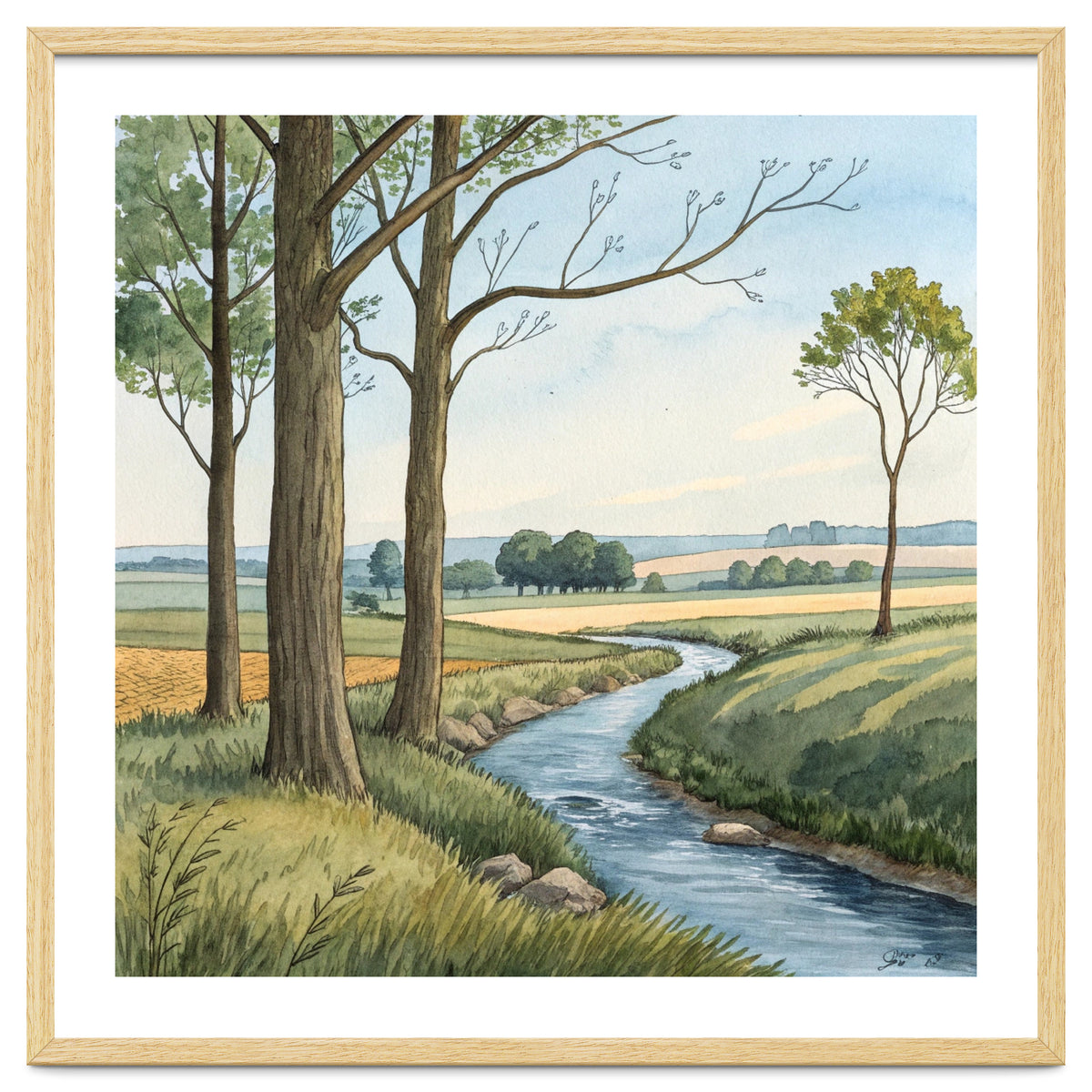 Pastoral Countryside Watercolor Painting with Winding Stream Meadows and Deciduous Trees Landscape