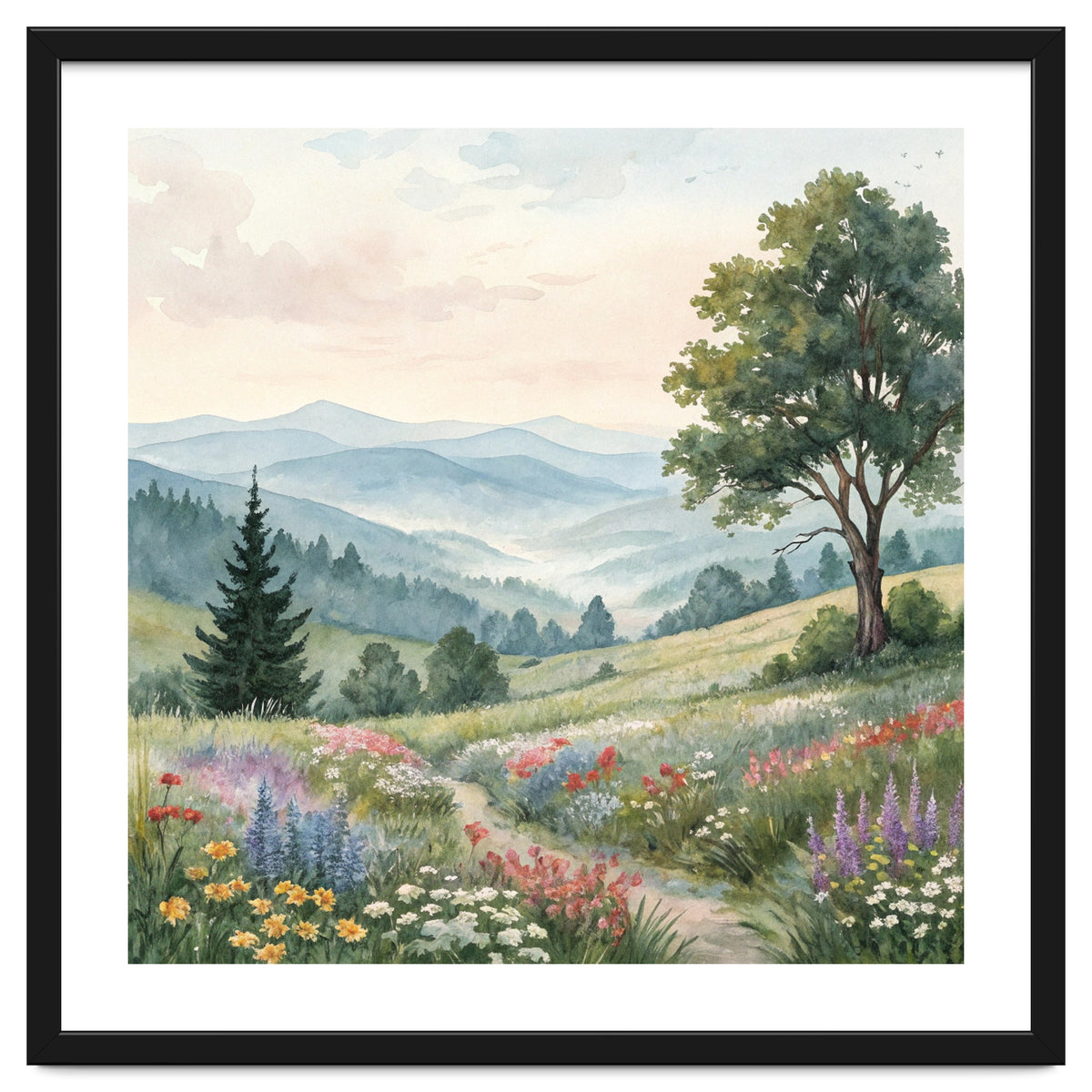 Serene Mountain Meadow Watercolor Landscape