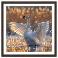 Swan Spreading Wings In Water Sunlight