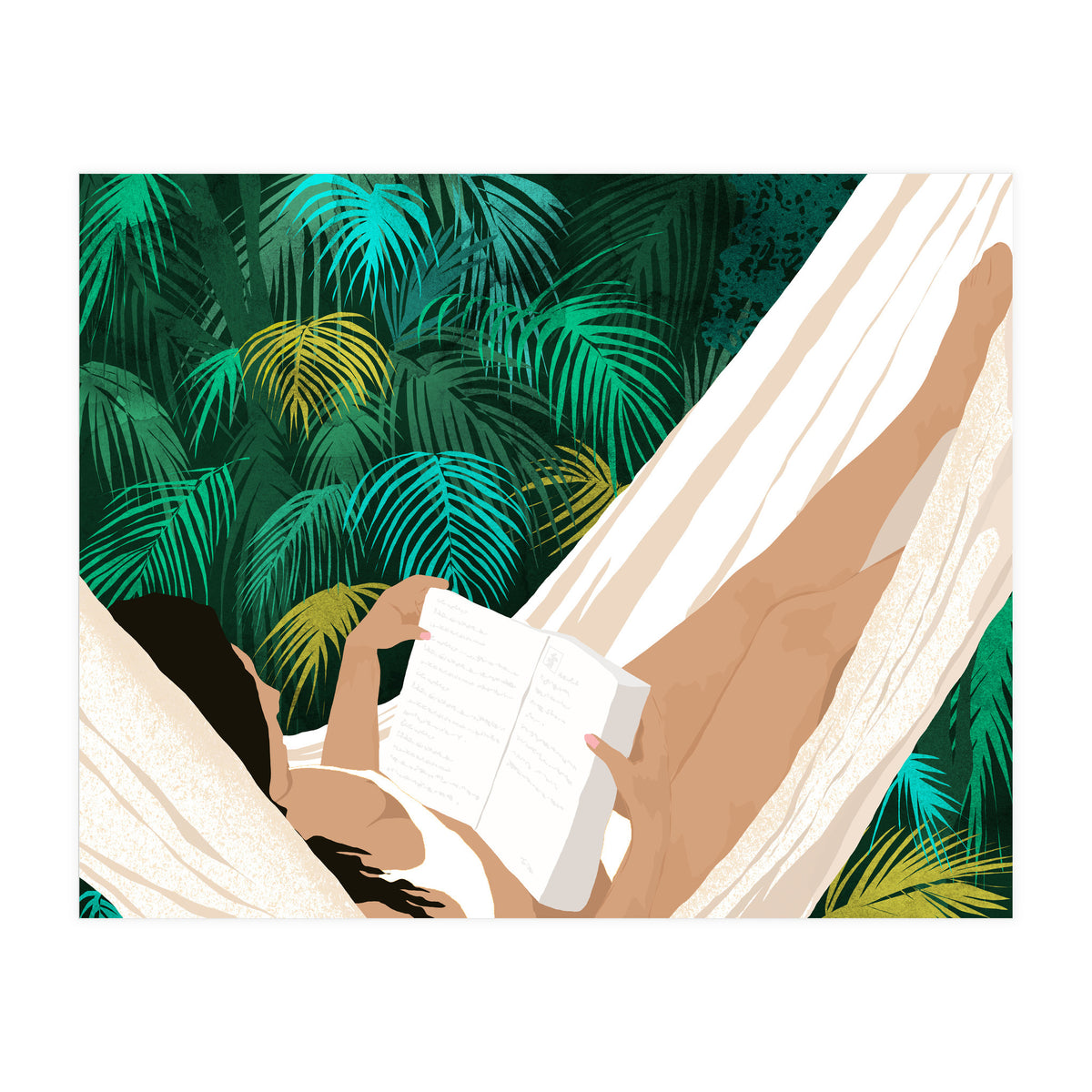 Summer Hammock Reading, Tropical Jungle Travel, Watercolor Nature Bohemian Forest Plants, Palm Beach (Print Only)