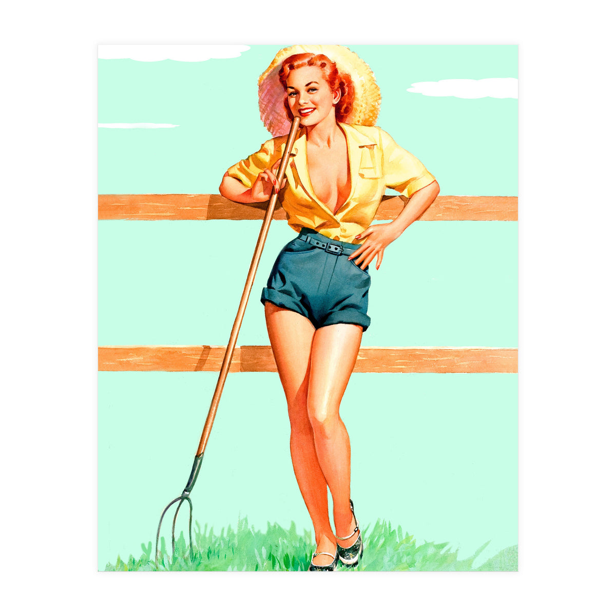 Pinup Country girl Posing With Pitchfork (Print Only)