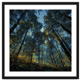 Celestial Forest Canopy with Swirling Golden Fireflies and Deep Twilight Blue Sky Digital Art thumbnail