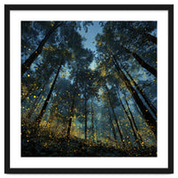 Celestial Forest Canopy with Swirling Golden Fireflies and Deep Twilight Blue Sky Digital Art