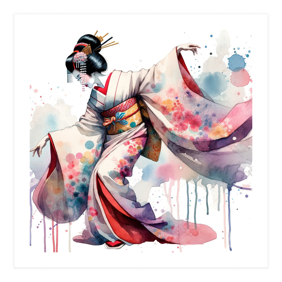 Geisha Dancer With Flowing Kimono (Print Only)