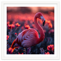 Pink Flamingo Bird Standing Among Flowers At Sunset