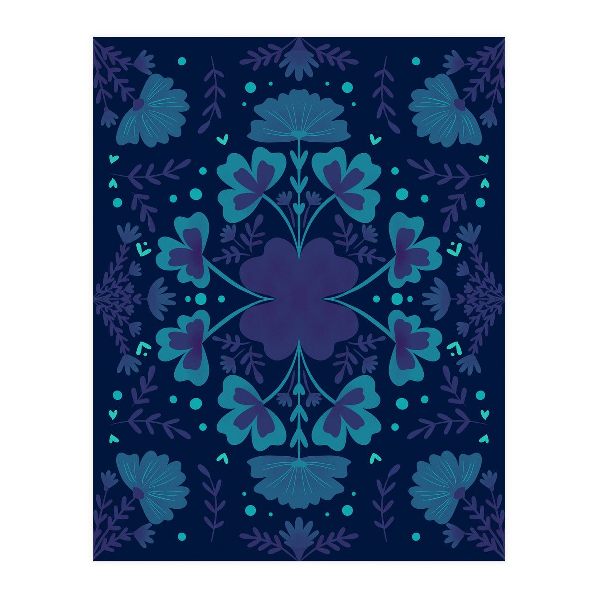Clovers And Flowers Night Blue (Print Only)