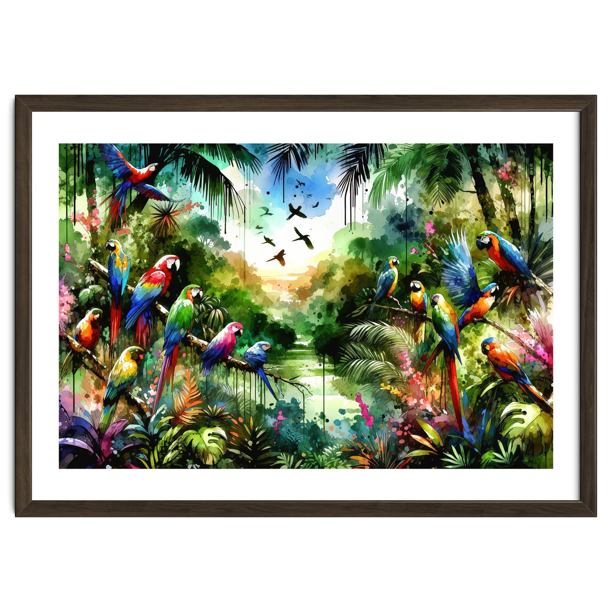 Watercolor Tropical Birds In The Jungle