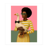 Stylish Woman Holding Goose In Striped Dress (Print Only) thumbnail