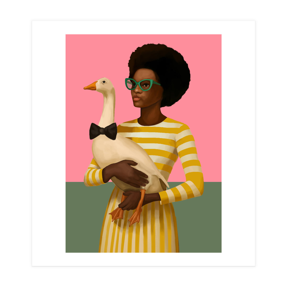 Stylish Woman Holding Goose In Striped Dress (Print Only)