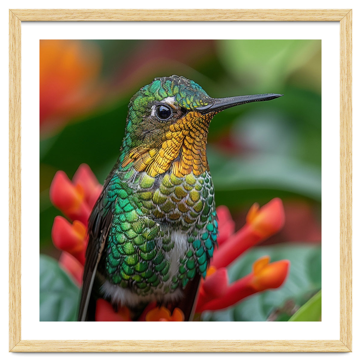 Close Up Of A Hummingbird On Red Flowers