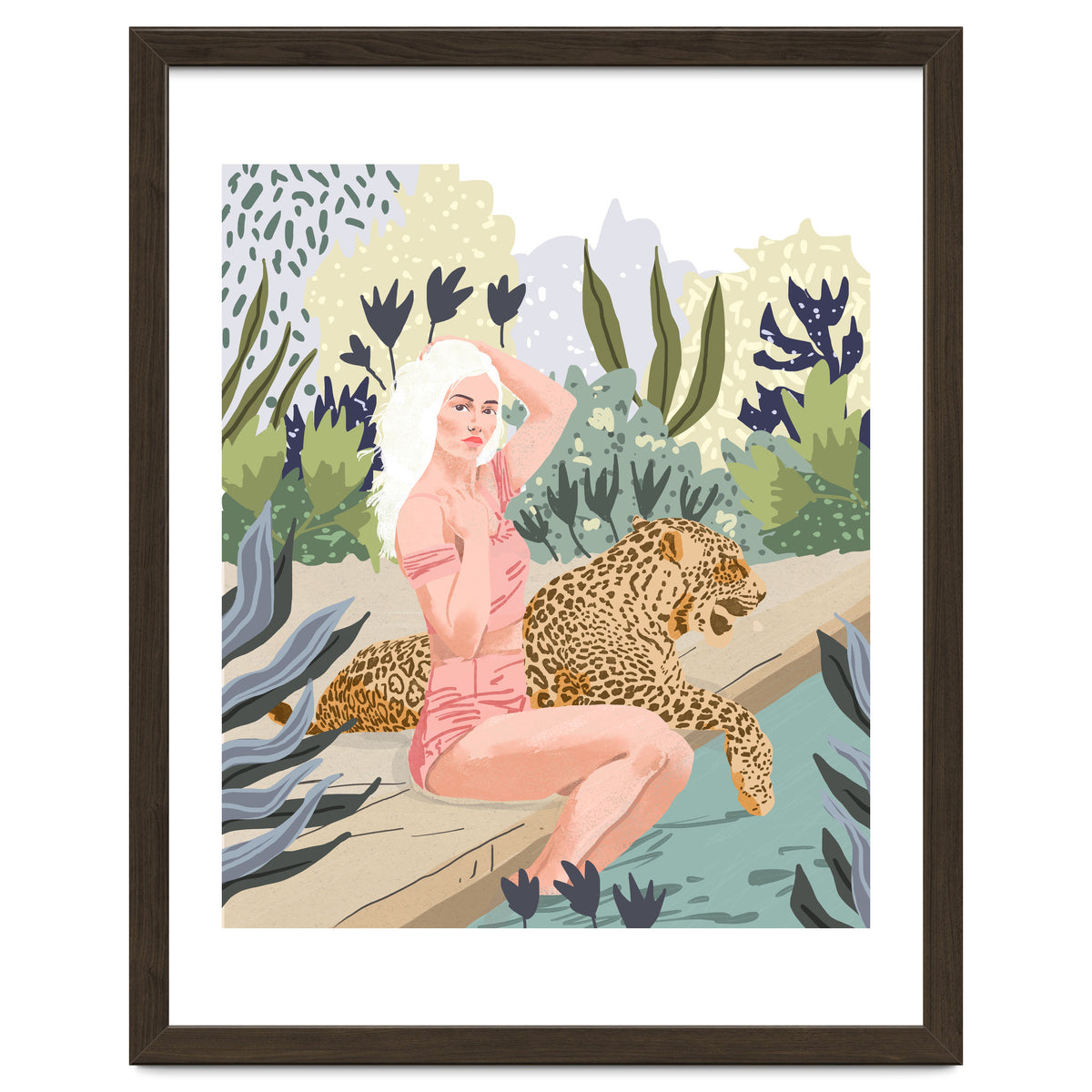 How to Train Your Leopard, Wild Cat Bohemian Woman Painting, Swimming Pool Bikini Summer Swim Animal