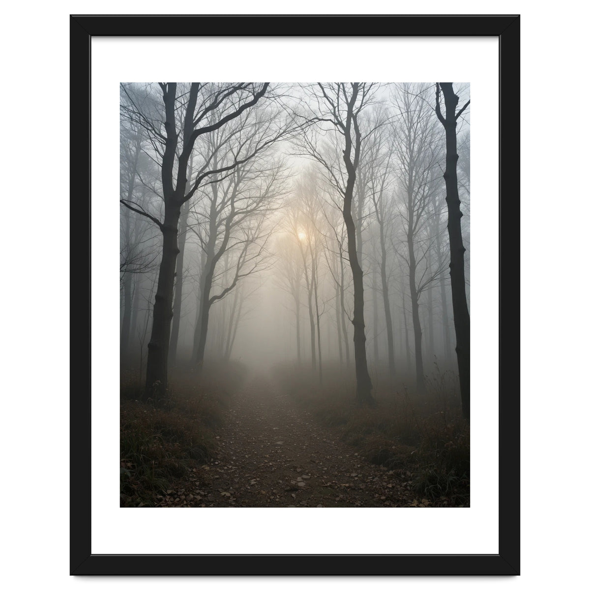 Ethereal Morning Light Breaking Through Dense Forest Fog
