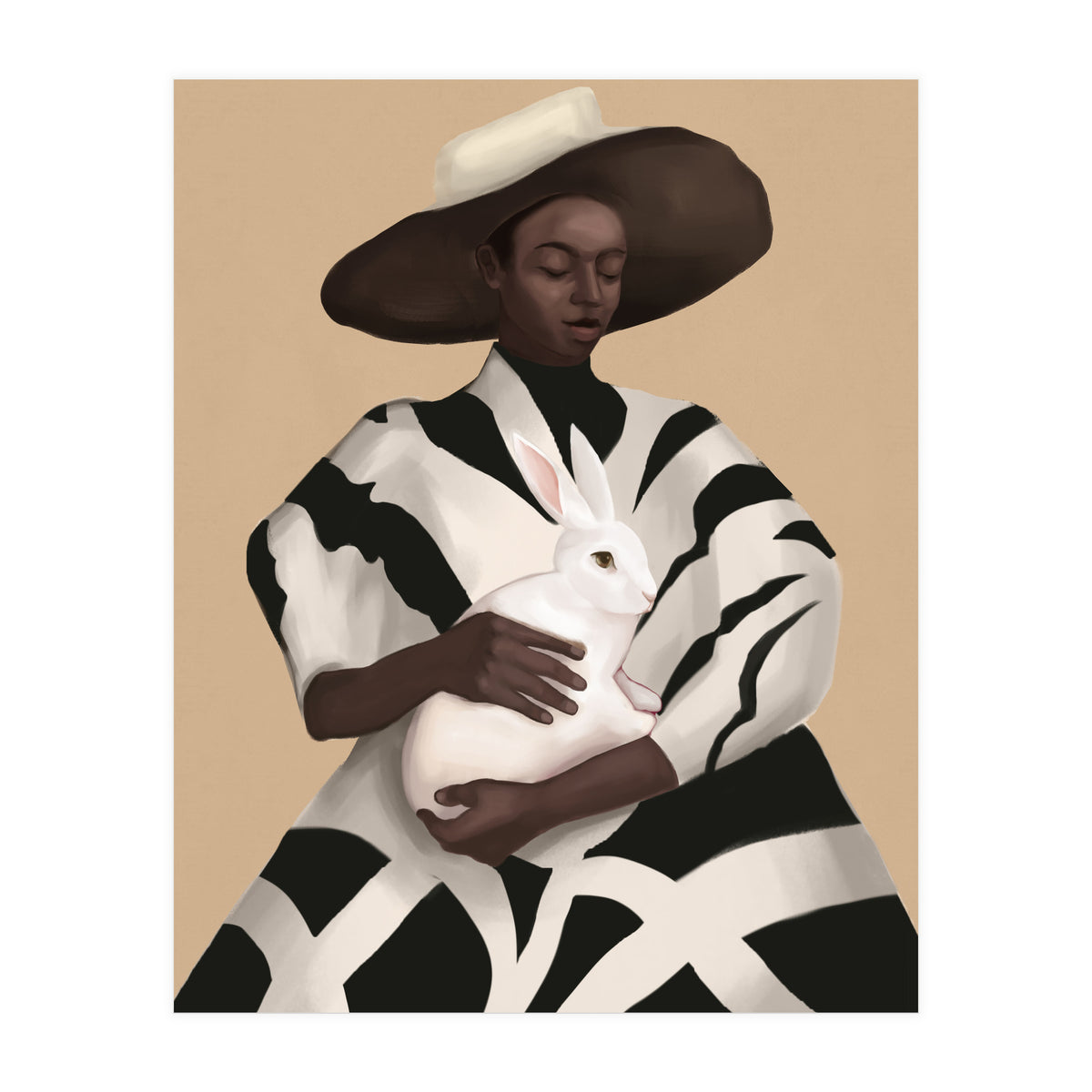 Woman In Stripes Holding A White Rabbit (Print Only)