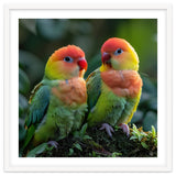 Lovebirds Perched Together On Mossy Branch thumbnail