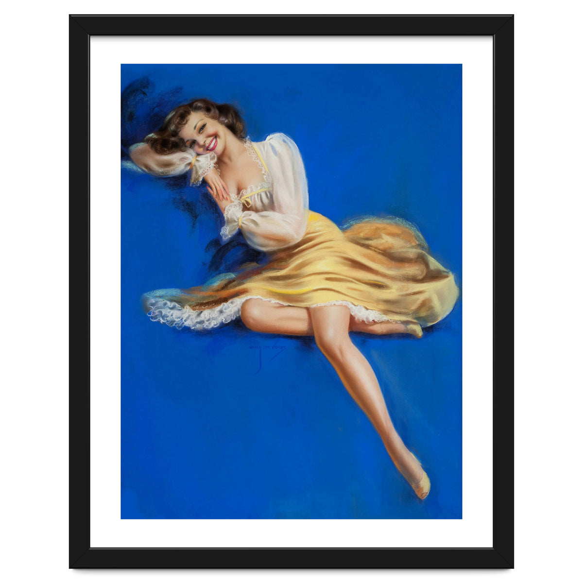 Pinup Girl Posing In Studio Over The Blue Background