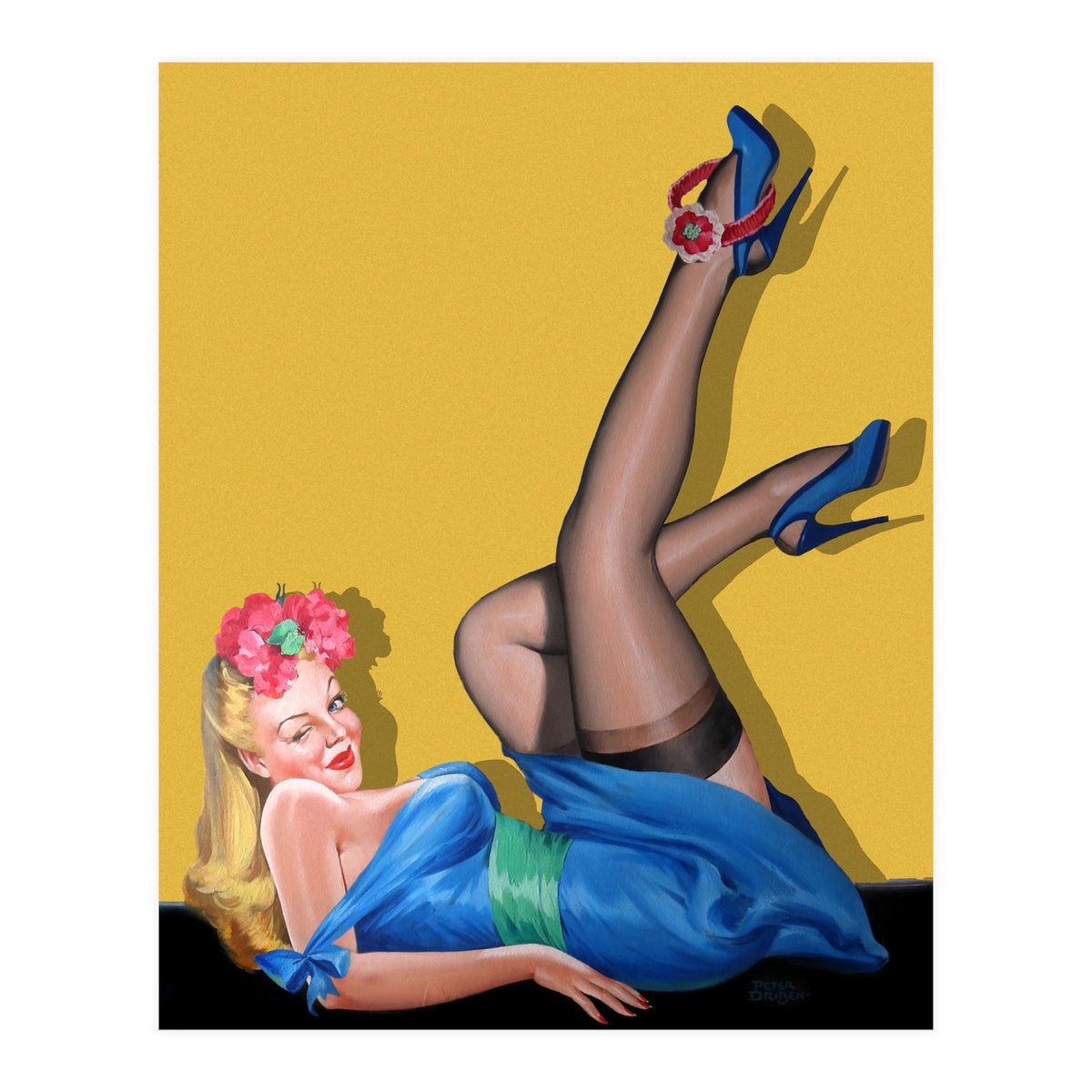 Sexy Pinup Winking Girl In Showing Her New High Heels (Print Only)