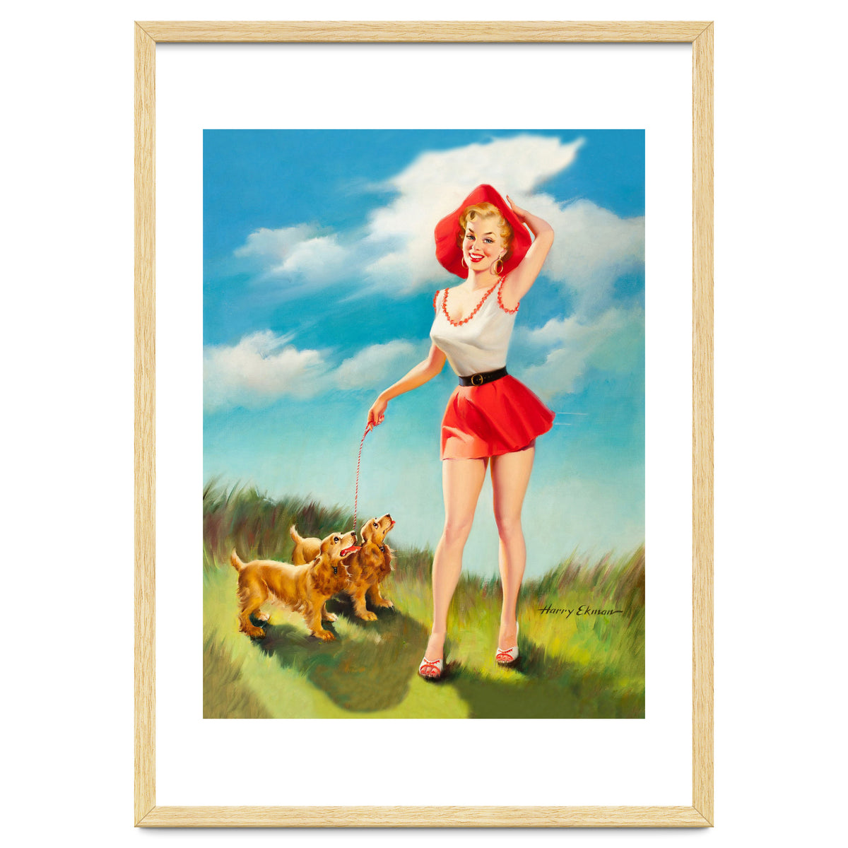 Pinup Girl In Little Red Dress And Two Dogs