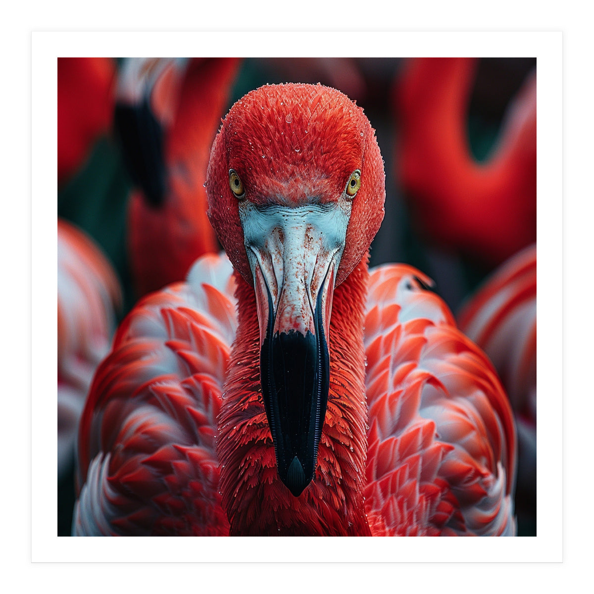 Close Up Flamingo Head With Bright Red Feathers (Print Only)