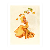Woman Posing In Yellow Dress And Autumn Leafs (Print Only) thumbnail
