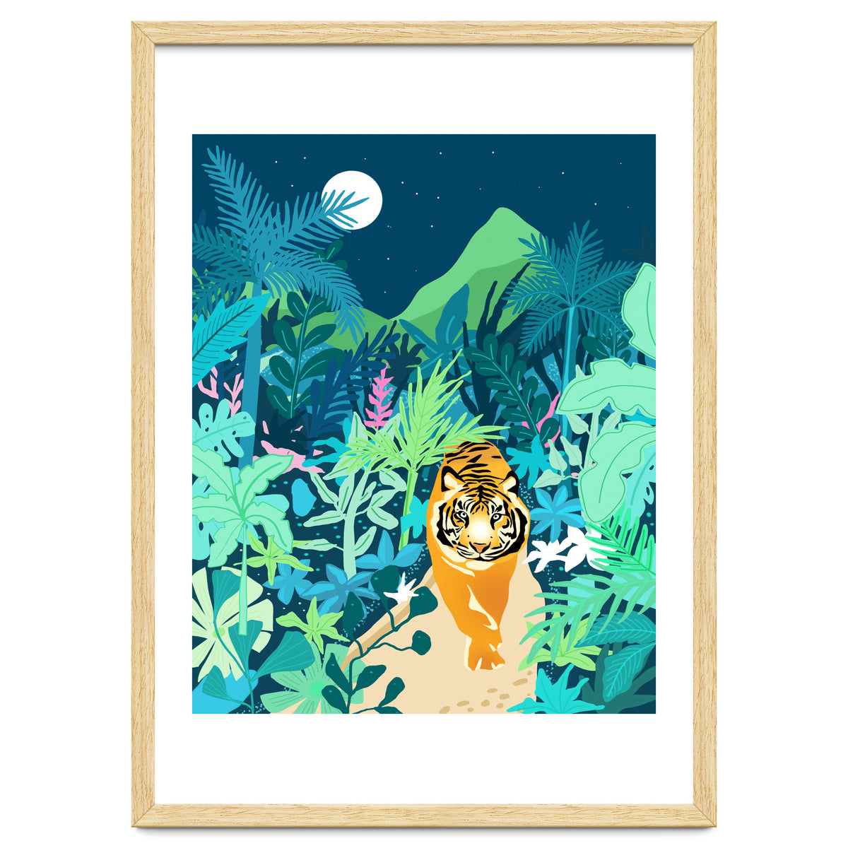Tiger Walk, Bohemian Jungle Maximalist Nature, Botanical Forest Plants Moon Wild Animals