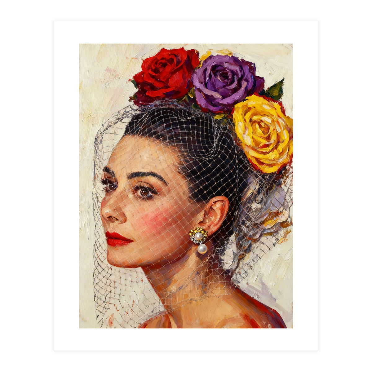 Audrey Hepburn, Impasto Floral Veil Portrait, Classic Hollywood Oil Painting, (Print Only)