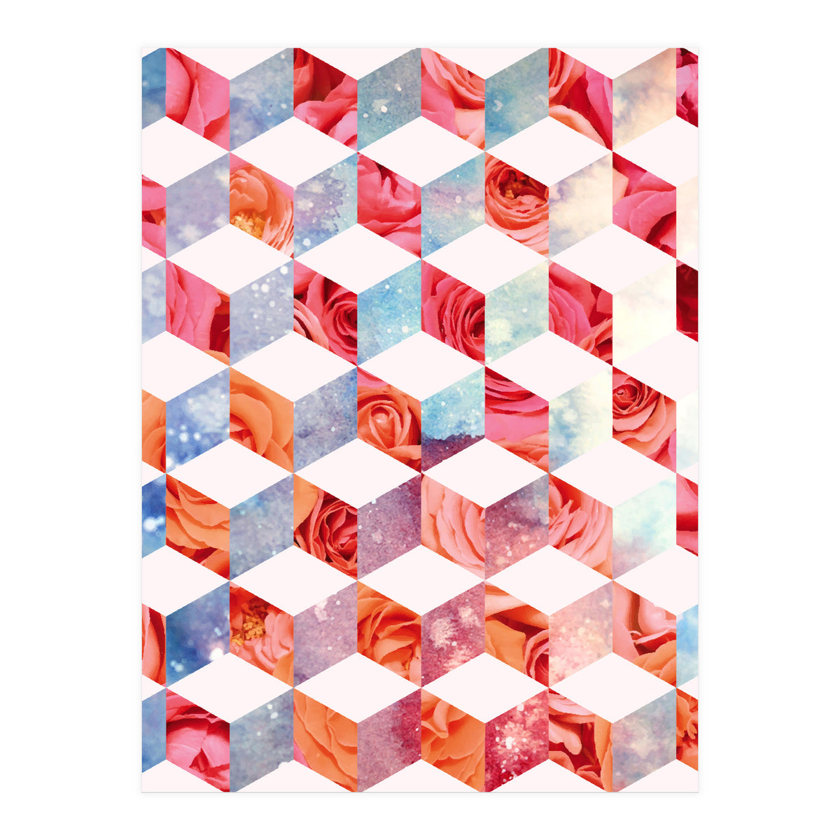 Eve's Sweet Garden of Roses, Geometrical Eclectic Shapes Digital Collage, Surrealism Floral illusion (Print Only)