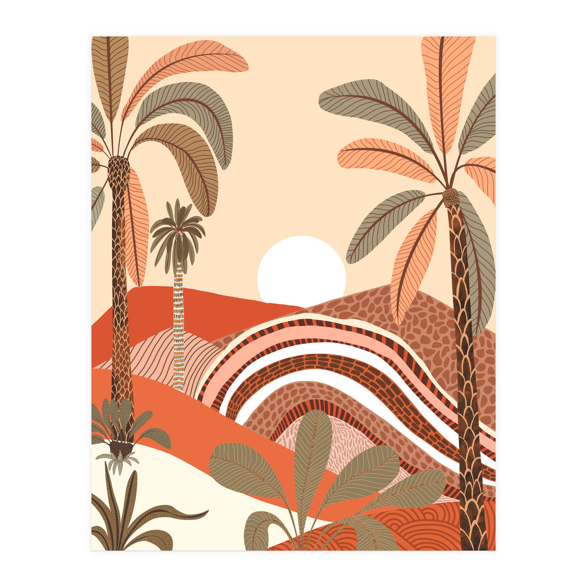 Epiphany, Pastel Rustic Sunrise Sunset, Bohemian Nature Landscape Illustration, Mountains Adventure Palm Trees (Print Only)