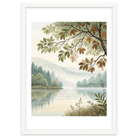Tranquil Lakeside Forest Watercolor Painting with Overhanging Autumn Branches and Misty Mountain Reflection